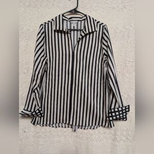 Foxcroft Women's Agnes Stripe Cotton Popover Top Blouse shirt Medium Black White